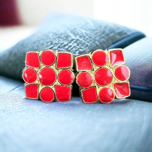Gold & Red Square Enamel‎ Earrings Hypoallergenic Made in the USA - Picture 1 of 2